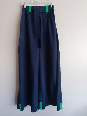 Navy Blue Cotton Poplin Palazzo Pants With Green Tab Accents M Nigerian Designer